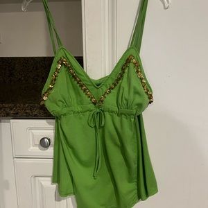 Rock Sold green tank with gold sequins. Size large, but is closer to a medium.